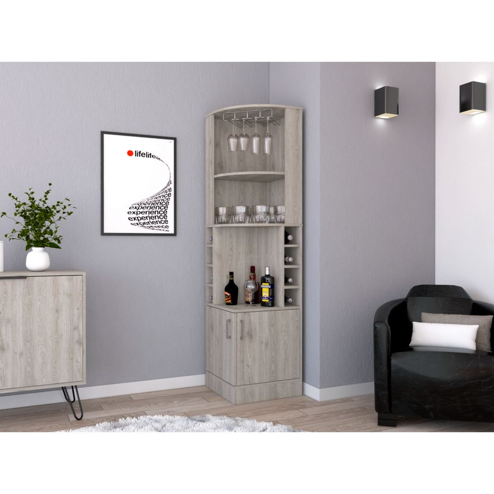 71" H Light Gray Corner Bar Cabinet, With Two Shelves At The Top, 1 Glass Holder, 8 Exterior Bottle Racks, 1 Central Shelf And A Lower Drawer With 2 Side Doors Gray Particle Board Particle Board