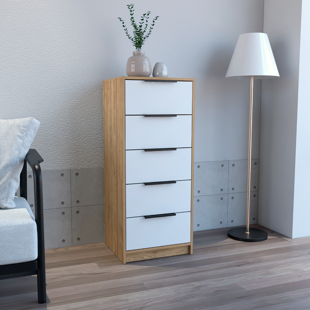 Dresser 42"H, 5 Drawer, Vertical Dresser, White Light Oak Multicolor Particle Board Particle Board