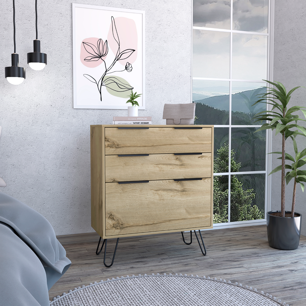 Light Dresser 35"H, Three Drawers, Superior Top, Hairpin Legs, Light Oak Beige Particle Board Particle Board