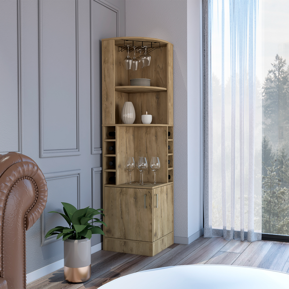 Depot E Shop Egina Bar Cabinet Two Drawers, Eight Bottle Cubbies, Two Large Open Shelves, Macadamia Beige Particle Board Particle Board