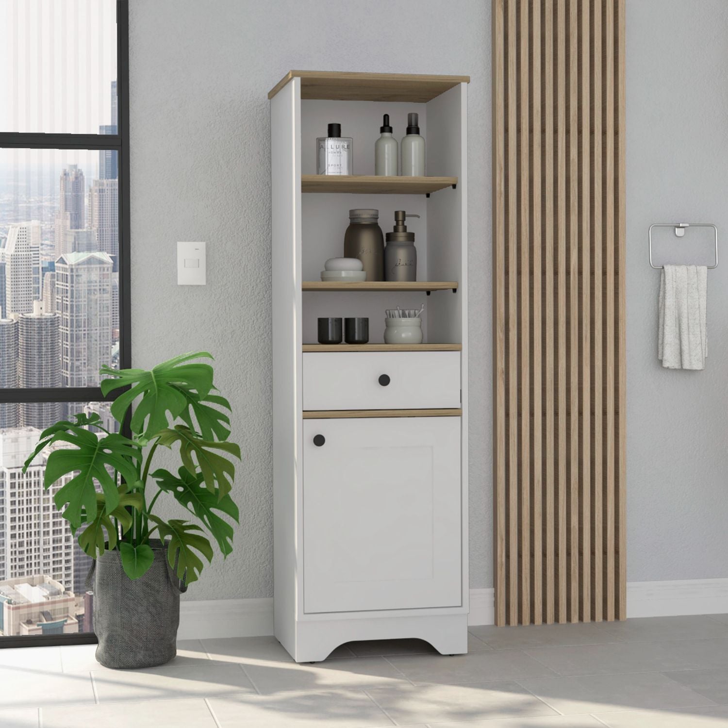 55H" Linen Single Door Cabinet, Three External Shelves, One Drawer, Two Interior Shelves, Light Oak White Multicolor Particle Board Particle Board