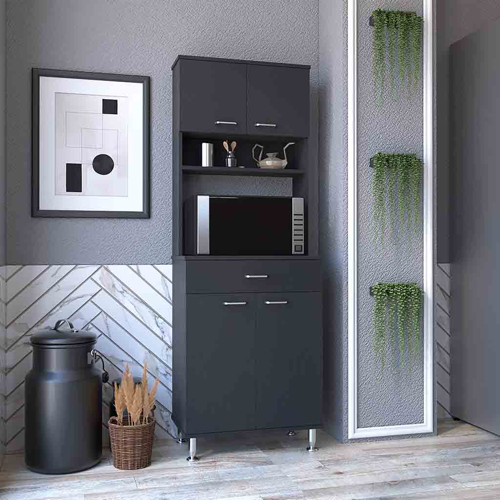 Pantry Cabinet 67" H, Four Doors, One Drawer, Three Internal Shelves, 2 External Storage Shelves, Microwave Storage Option, Four Legs, Black Black Particle Board Particle Board