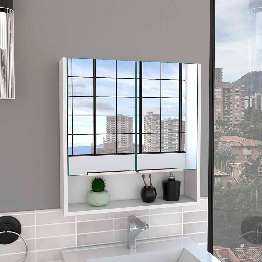 Mirror Medicine Cabinet, One Open Shelf, Three Interior Shelves, White White Particle Board Particle Board