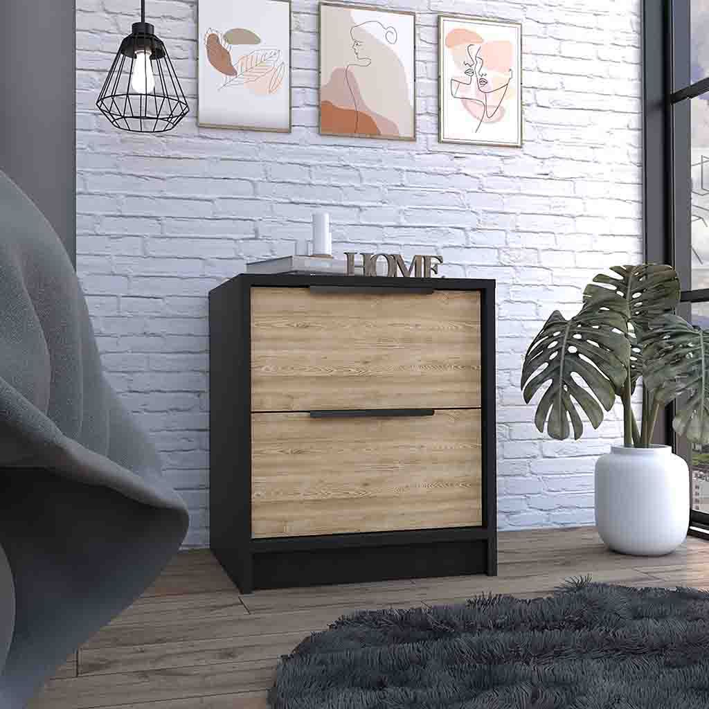 Modern Nightstand 19" H, Two Drawers, Black Pine Multicolor Particle Board Particle Board