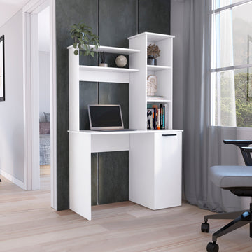 Muncy Computer Desk With Large Work Surface, Hutch Storage And Single Door Cabinet With 3 Tier Shelves, Black White Particle Board Particle Board
