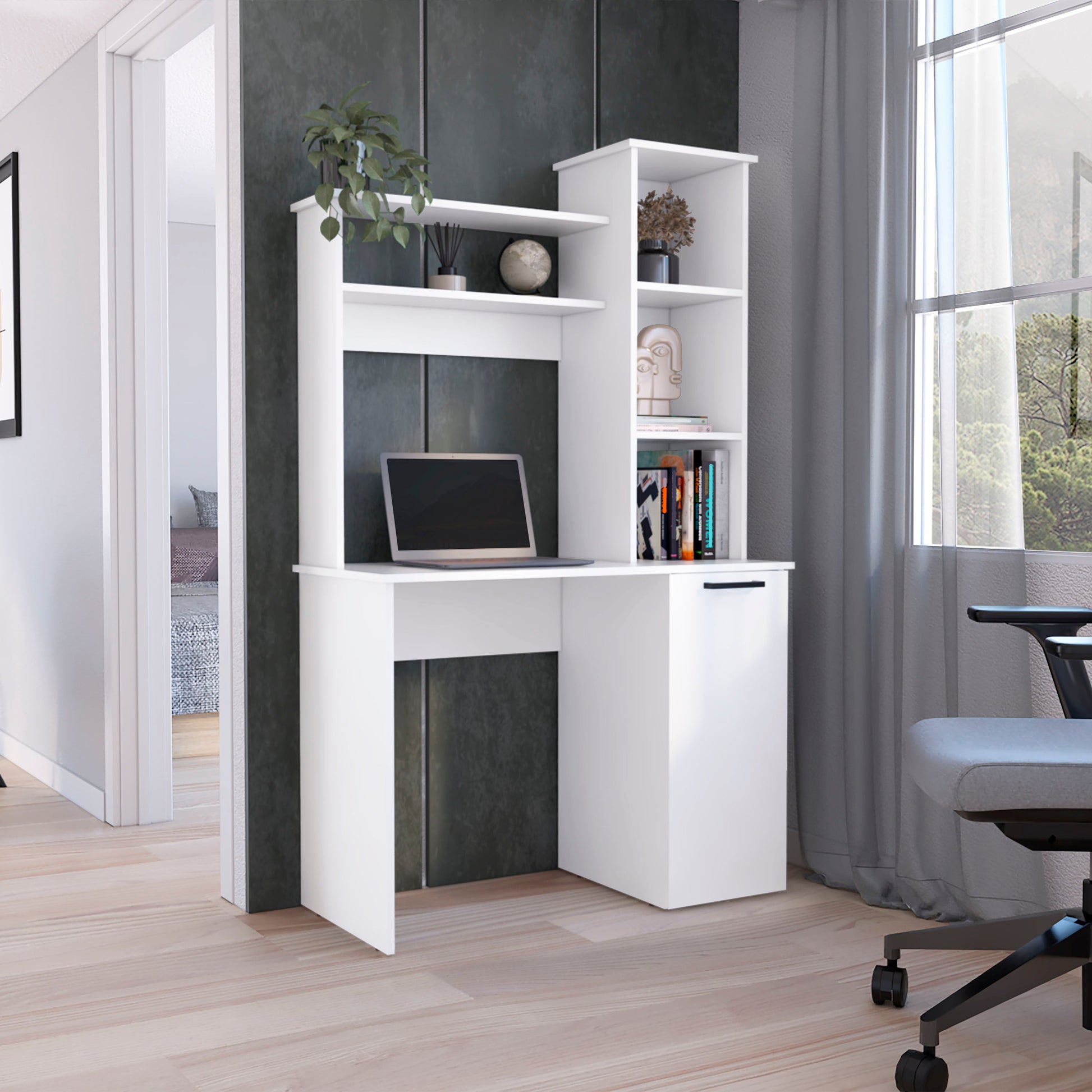 Muncy Computer Desk With Large Work Surface, Hutch Storage And Single Door Cabinet With 3 Tier Shelves, White White Particle Board Particle Board