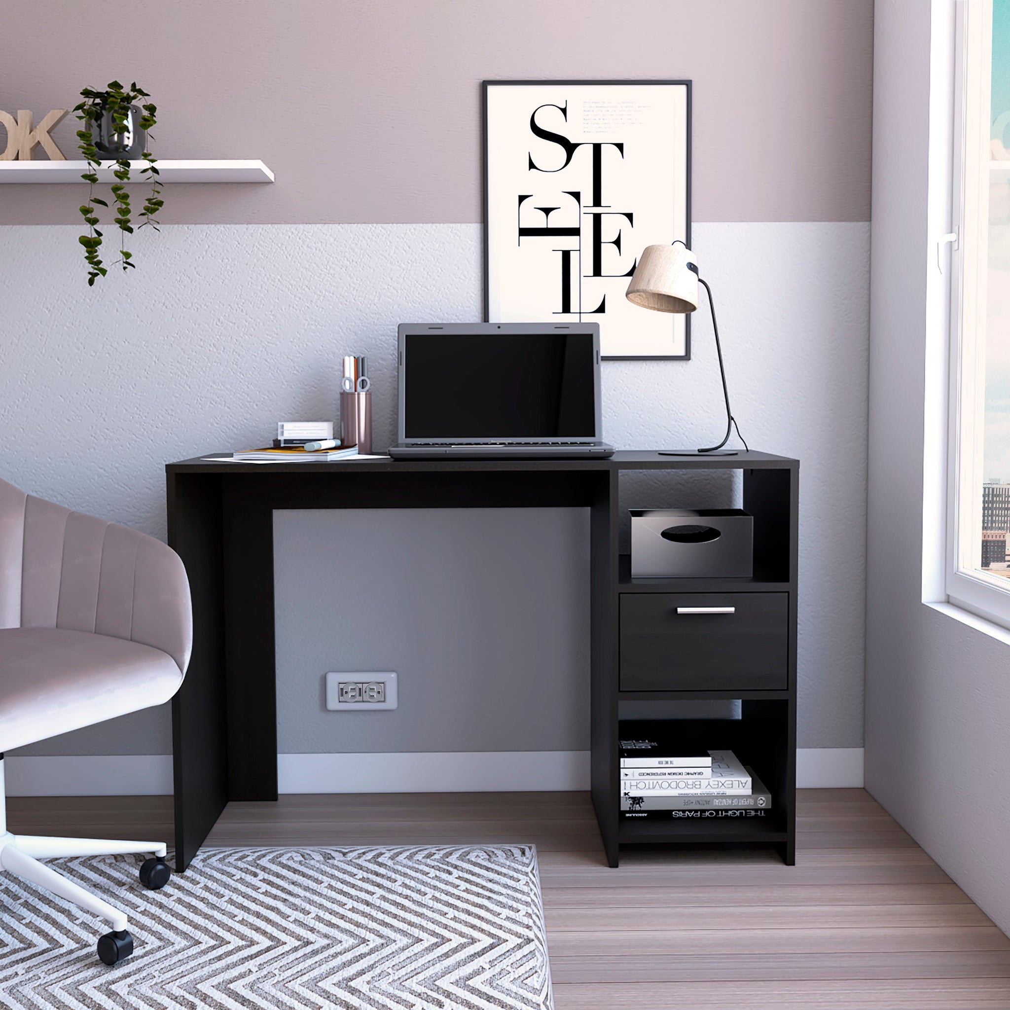 Computer Desk With 1 Drawer And 2 Open Storage Shelves, Black Black Particle Board Particle Board