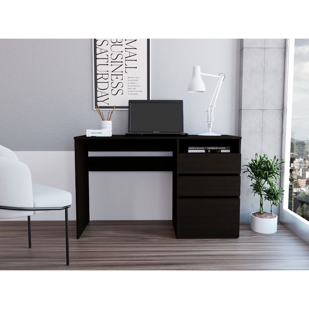 Kenai 3 Drawers Computer Desk, One Shelf, Black Black Particle Board Particle Board