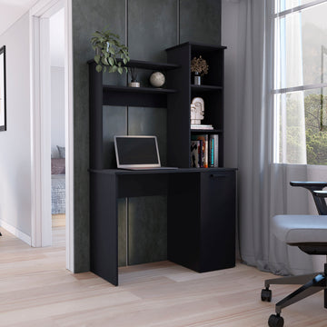 Muncy Computer Desk With Large Work Surface, Hutch Storage And Single Door Cabinet With 3 Tier Shelves, Black Black Particle Board Particle Board