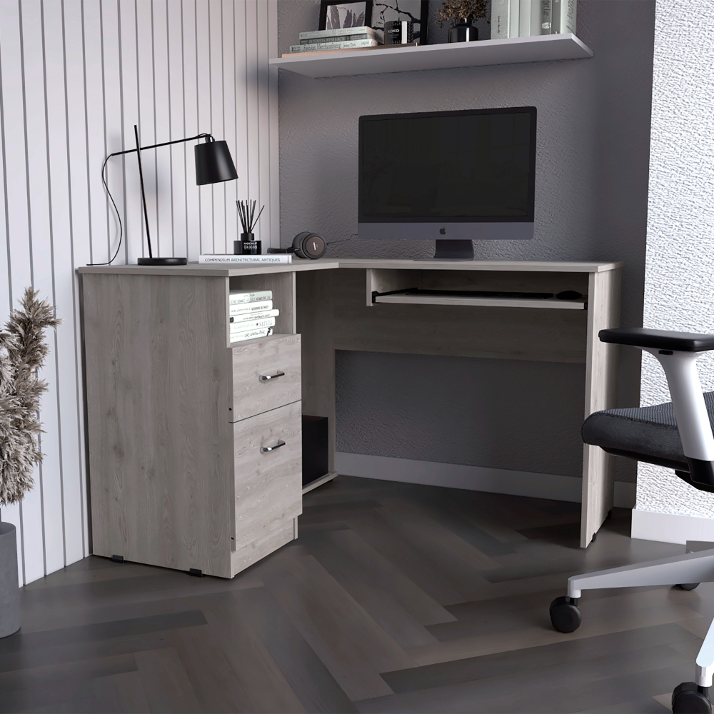 L Shaped Desk, Keyboard Tray, Two Drawers, One Open Shelf, Light Gray Gray Particle Board Particle Board