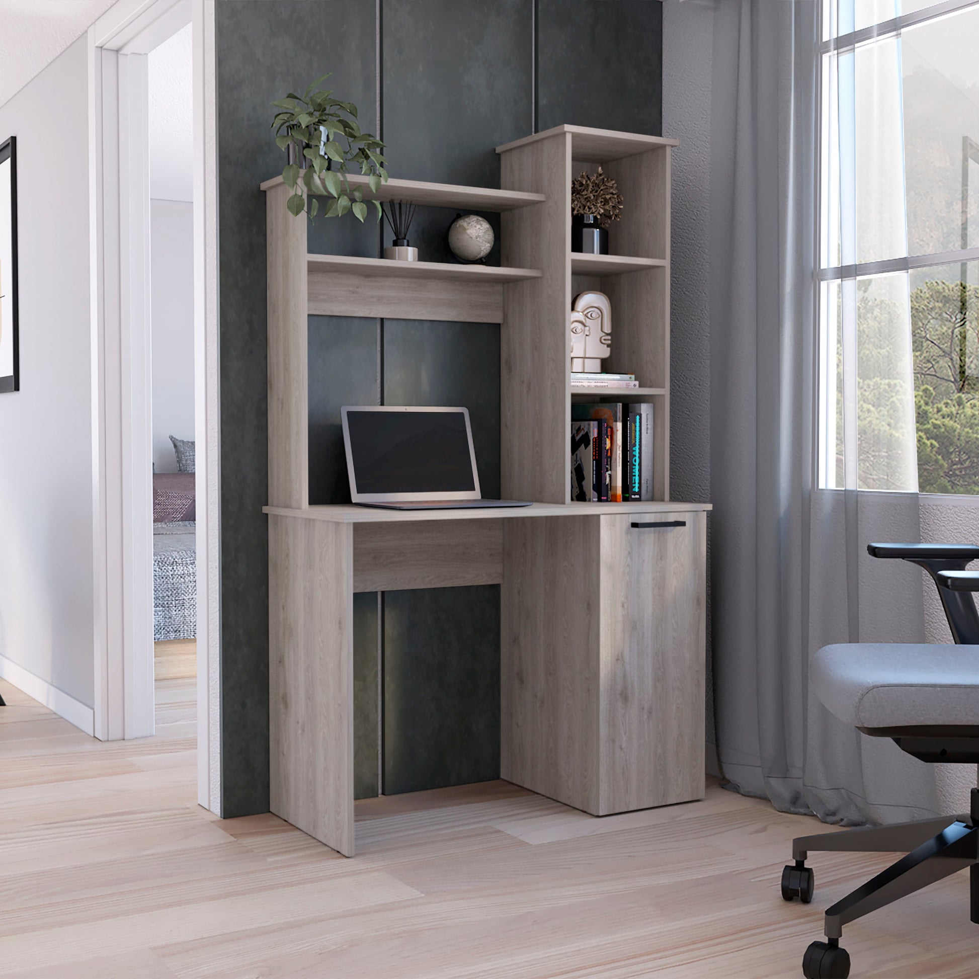 Computer Desk With Large Work Surface, Hutch Storage And Single Door Cabinet With 3 Tier Shelves, Light Gray Gray Particle Board Particle Board
