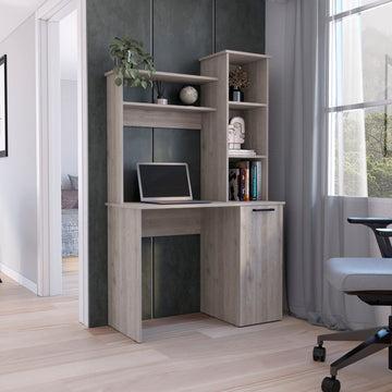 Computer Desk With Large Work Surface, Hutch Storage And Single Door Cabinet With 3 Tier Shelves, Light Gray Gray Particle Board Particle Board