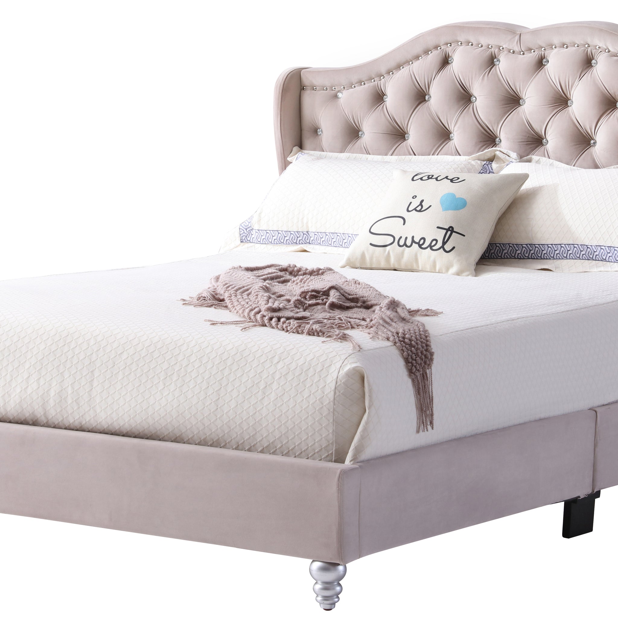 Elegant Transitional Queen Upholstered Bed Box Spring Required Queen Beige Foam Velvet Velvet