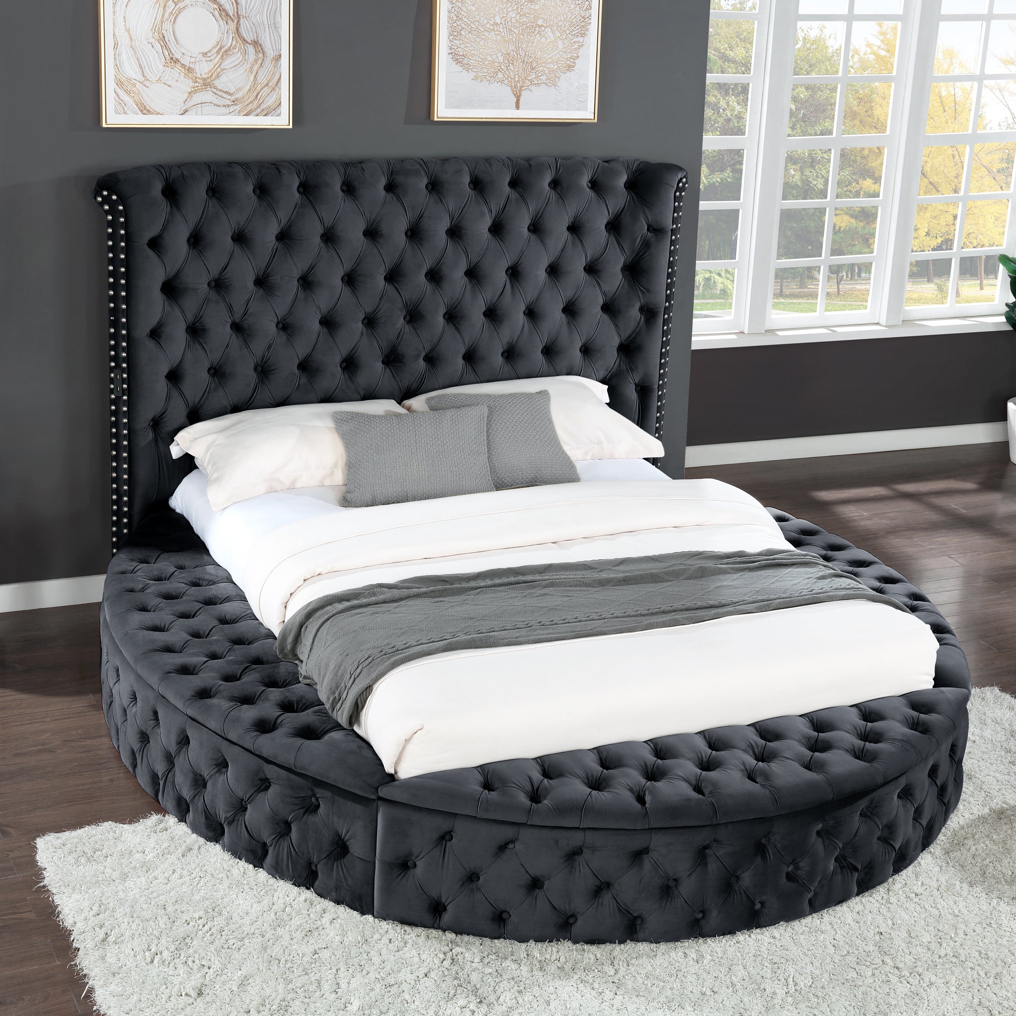 Hazel Queen Size Tufted Upholstery Storage Bed Made With Wood In Black Box Spring Not Required Queen Black Wood Bedroom Contemporary,Modern Slat Beds Upholstered Velvet Wood