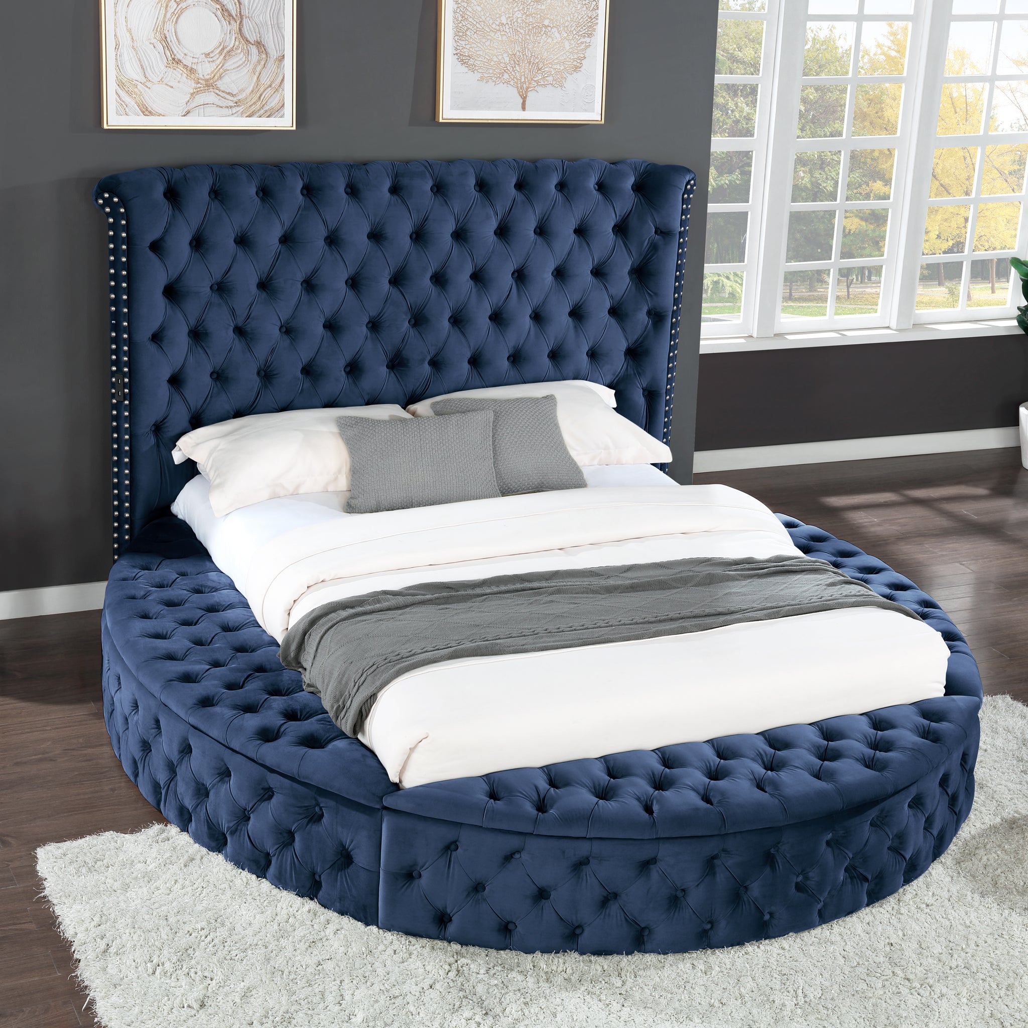 King Size Tufted Storage Bed Made With Wood In Blue Box Spring Not Required King Navy Wood Bedroom Contemporary,Modern Solid Wood Mdf Velvet Wood
