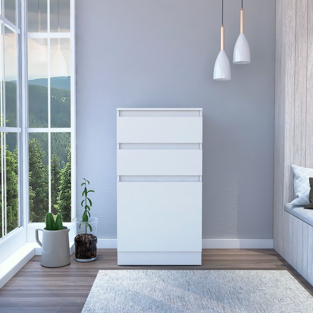Dresser 43"H, Jewelry Box, Mirror, Single Door Cabinet, Two Drawers, White White Particle Board Particle Board
