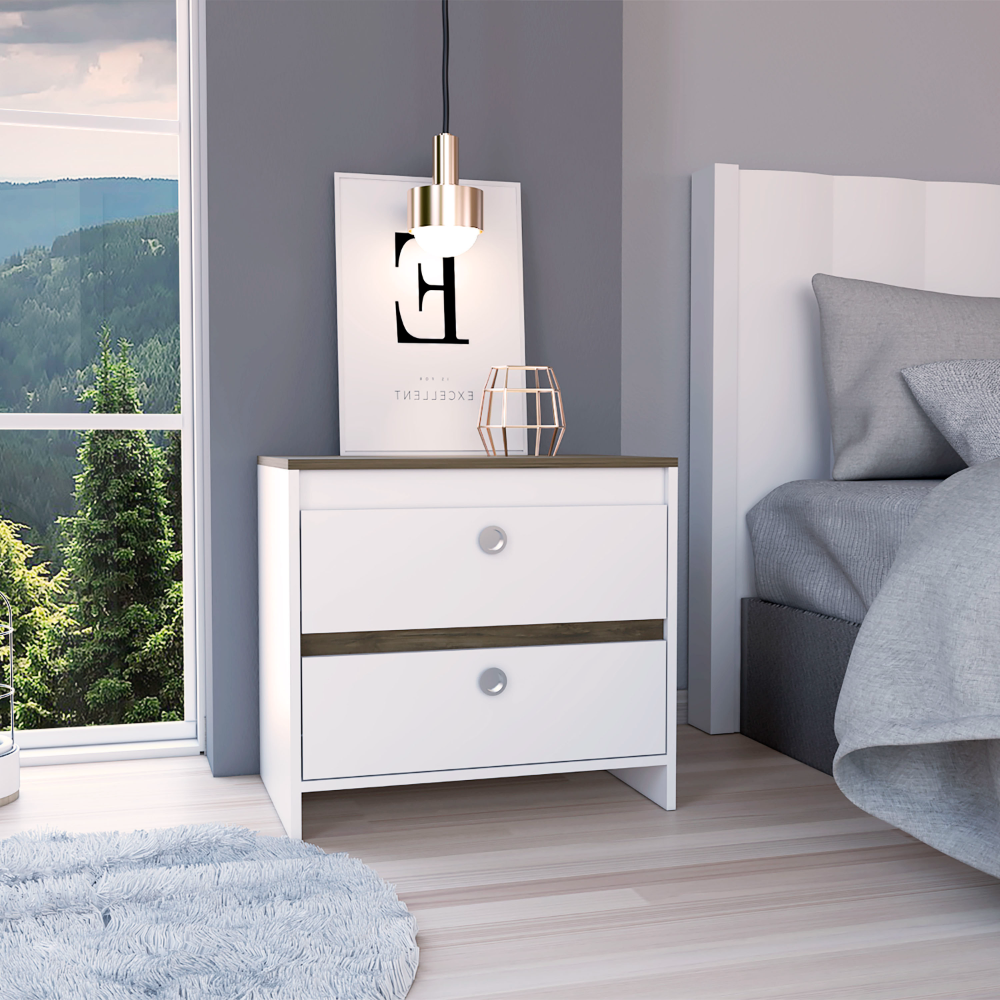 Nightstand 22" H, Two Drawers, Superior Top, Metal Handle, White Dark Brown Multicolor Particle Board Particle Board