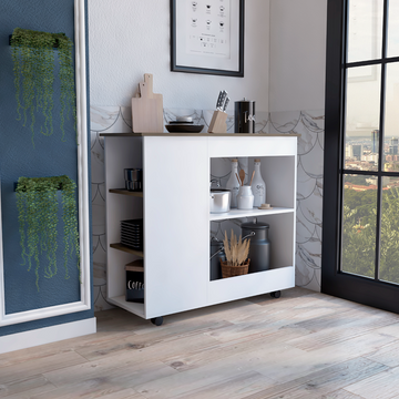Kitchen Cart Two Storage Shelves, Three Side Shelves, Four Casters, White Dark Brown Multicolor Particle Board Particle Board