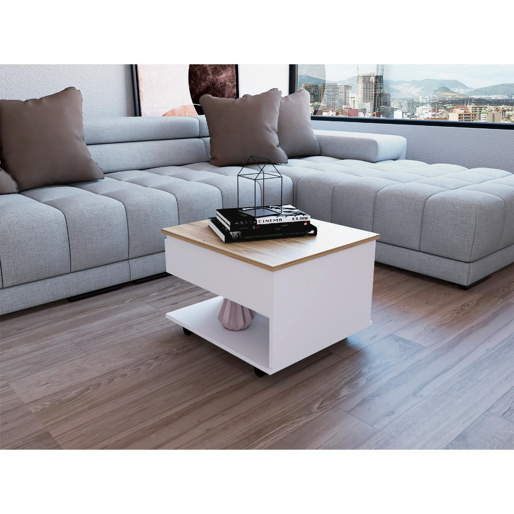 15" H White Light Oak Coffee Table, 4 Brake Wheels, Lifting Top That Allows Storage Inside The Table, 1 Lower Shelf And 1 Vertical Division That Allows You To Decorate, Design Books And More. Multicolor Particle Board Particle Board