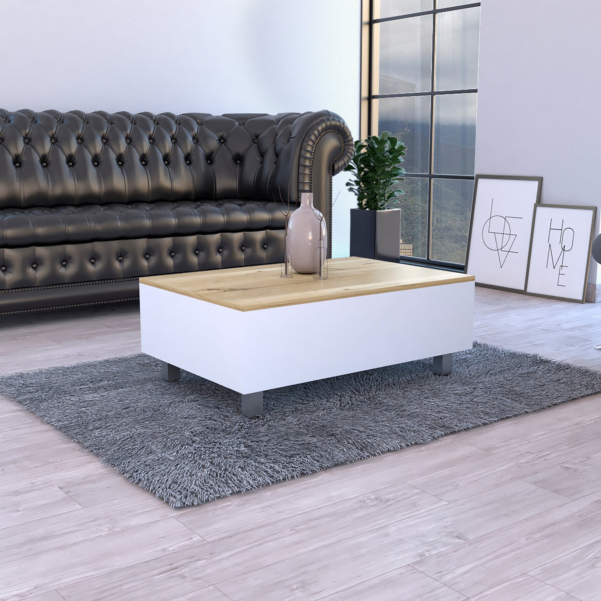 Aran Lift Top Coffee Table, Storage Compartment, White Light Oak Multicolor Particle Board Particle Board