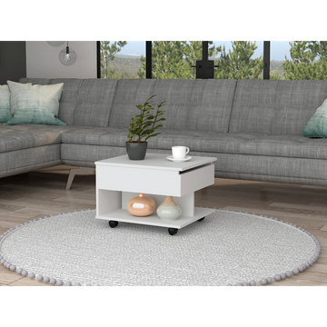 15" H White Coffee Table, 4 Brake Wheels, Lifting Top That Allows Storage Inside The Table, 1 Lower Shelf And 1 Vertical Division That Allows You To Decorate With Photos, Design Books And More. White Particle Board Particle Board