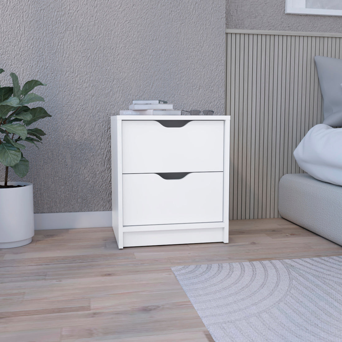 Double Drawer Nightstand 19"H, Bedside Table, White White Particle Board Particle Board