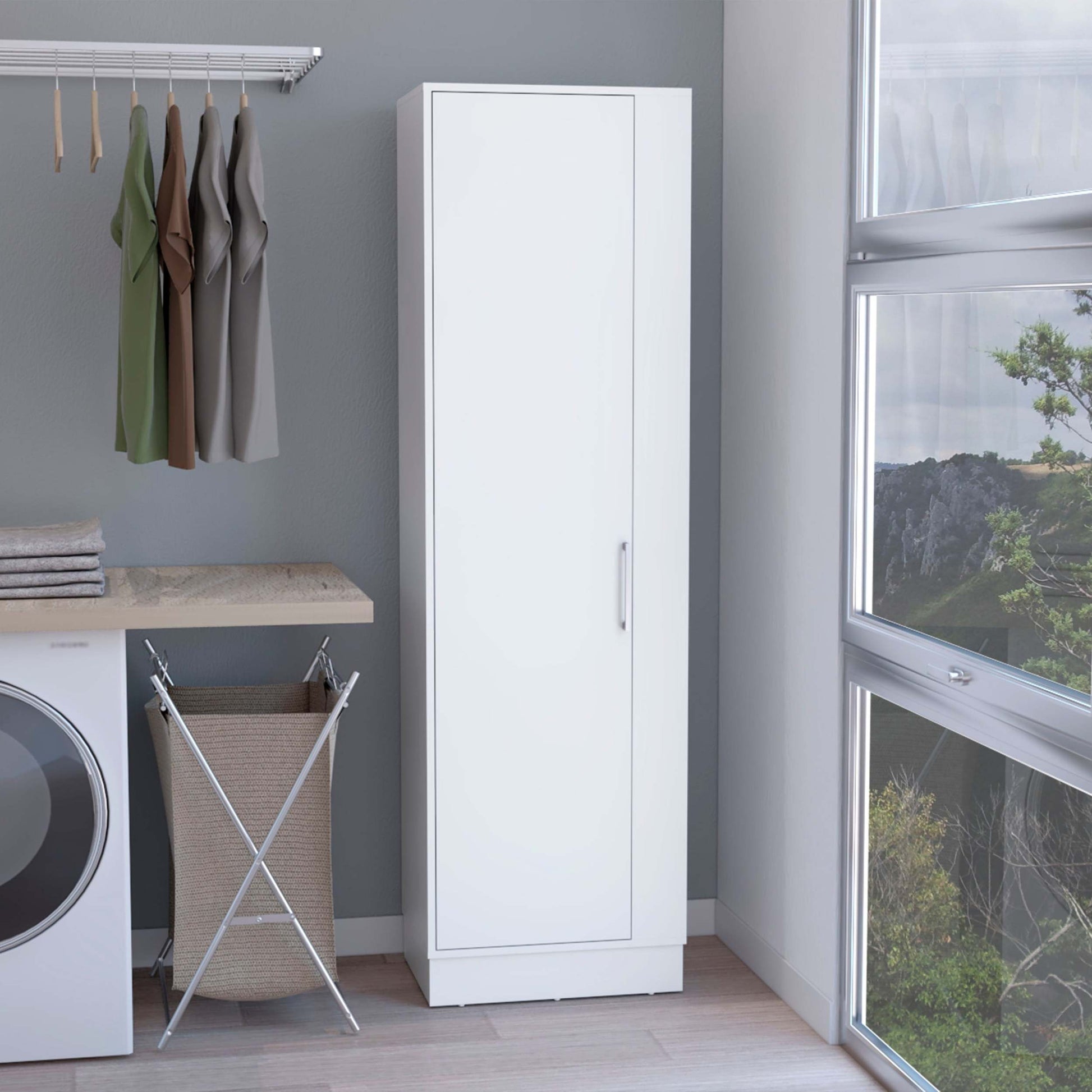 Storage Cabinet 72"H, Six Internal Shelves, One Door, Three Broom Hangers, White White Particle Board Particle Board