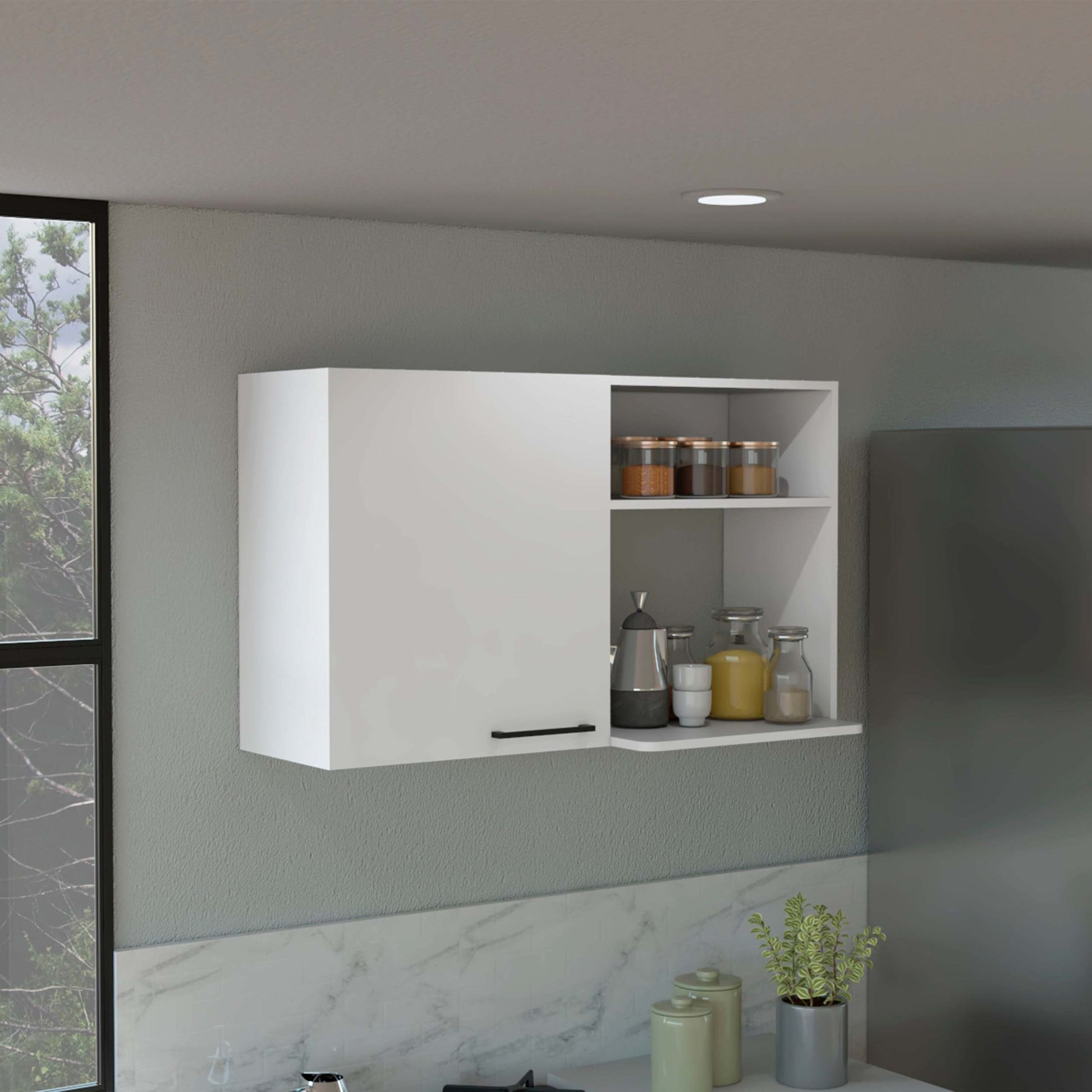 Stackable Wall Storage Cabinet 24" H, Two Internal Shelves, Two External Storage Shelves, One Door, White White Particle Board Particle Board