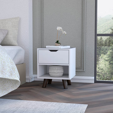 Modern Nightstand 19"H With Spacious Drawer, Open Storage Shelf And Chic Wooden Legs, White White Particle Board Particle Board