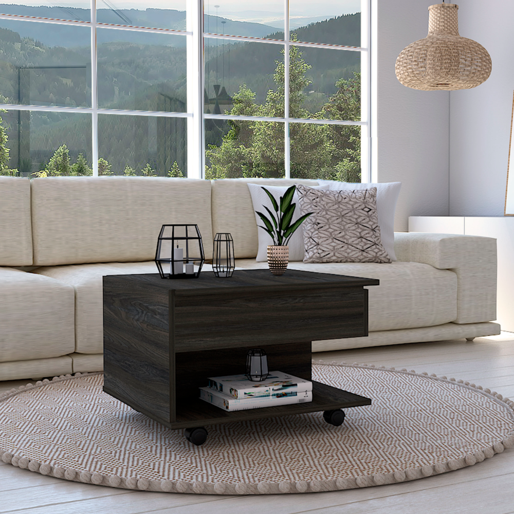 15" H Carbon Espresso Coffee Table, 4 Brake Wheels, Lifting Top That Allows Storage Inside The Table, 1 Lower Shelf And 1 Vertical Division That Allows You To Decorate With Photos, And Design Books. Brown Particle Board Particle Board