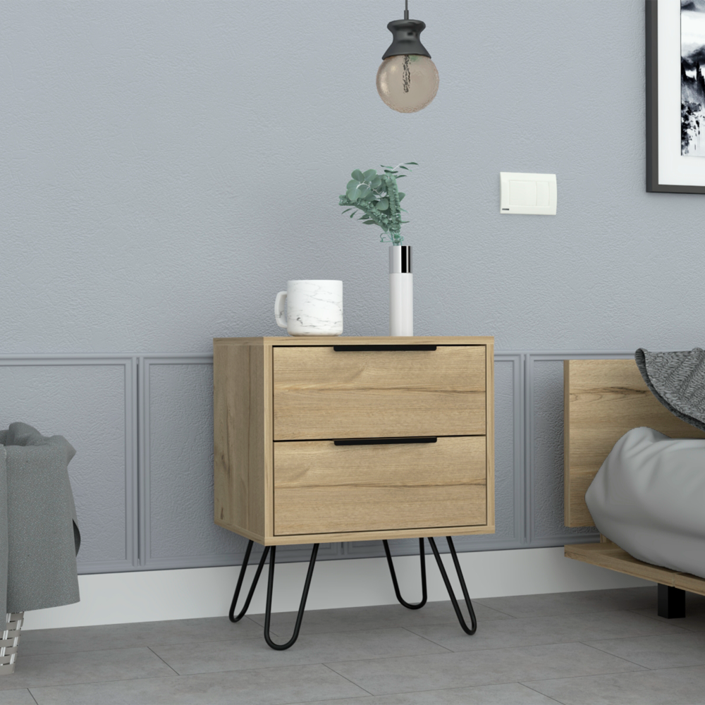Nightstand 22" H, Four Hairpin Legs, Two Drawers, Light Oak Beige Particle Board Particle Board