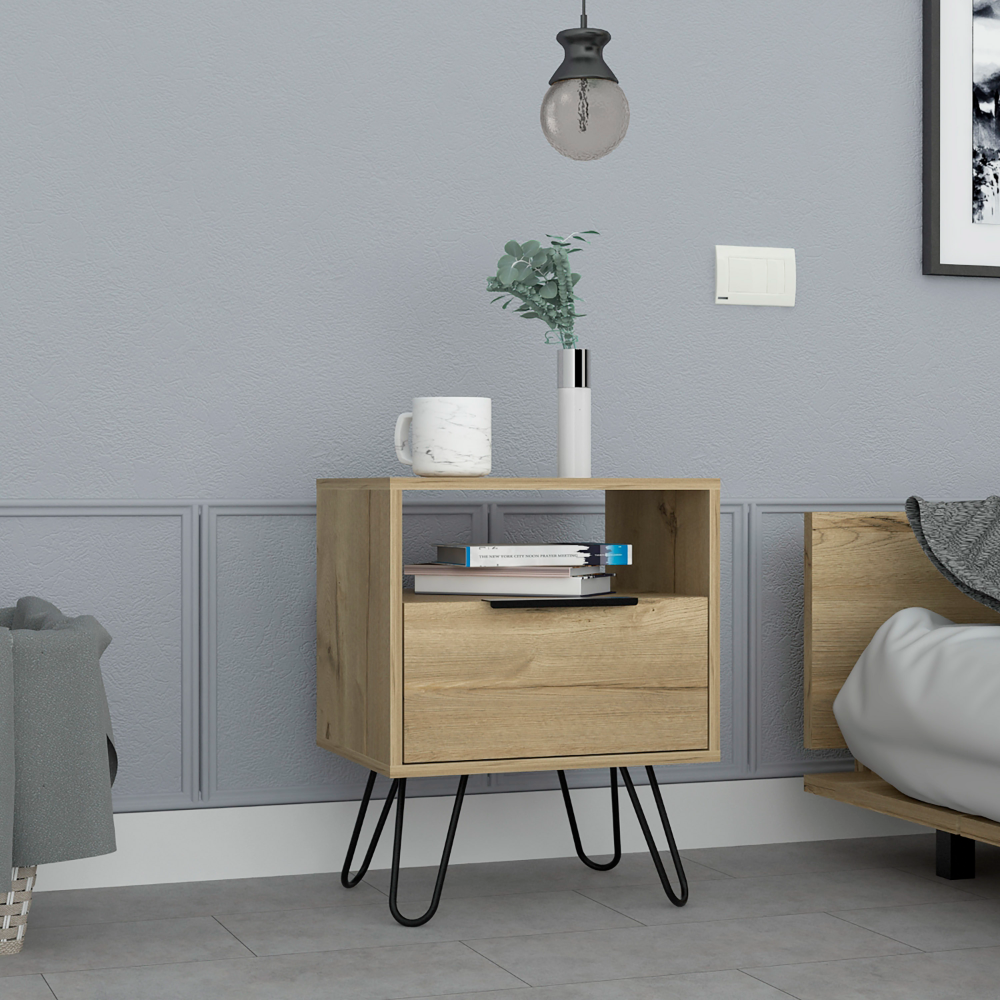 Nightstand 22"H, One Open Shelf, Single Door Cabient, Hairpin Legs, Light Oak Beige Particle Board Particle Board