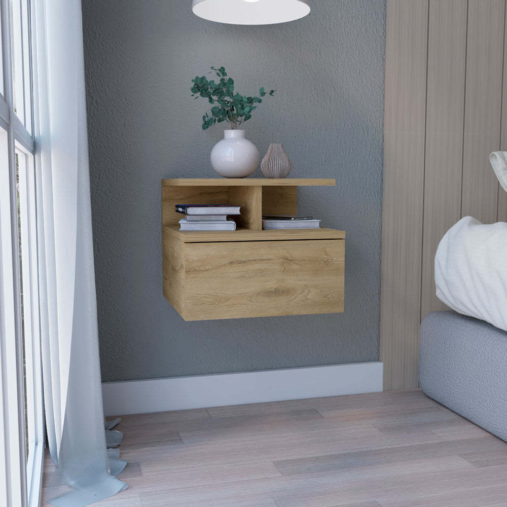 Floating Nightstand 12"H, Wall Mounted With Single Drawer And 2 Tier Shelf, Macadamia Beige Particle Board Particle Board