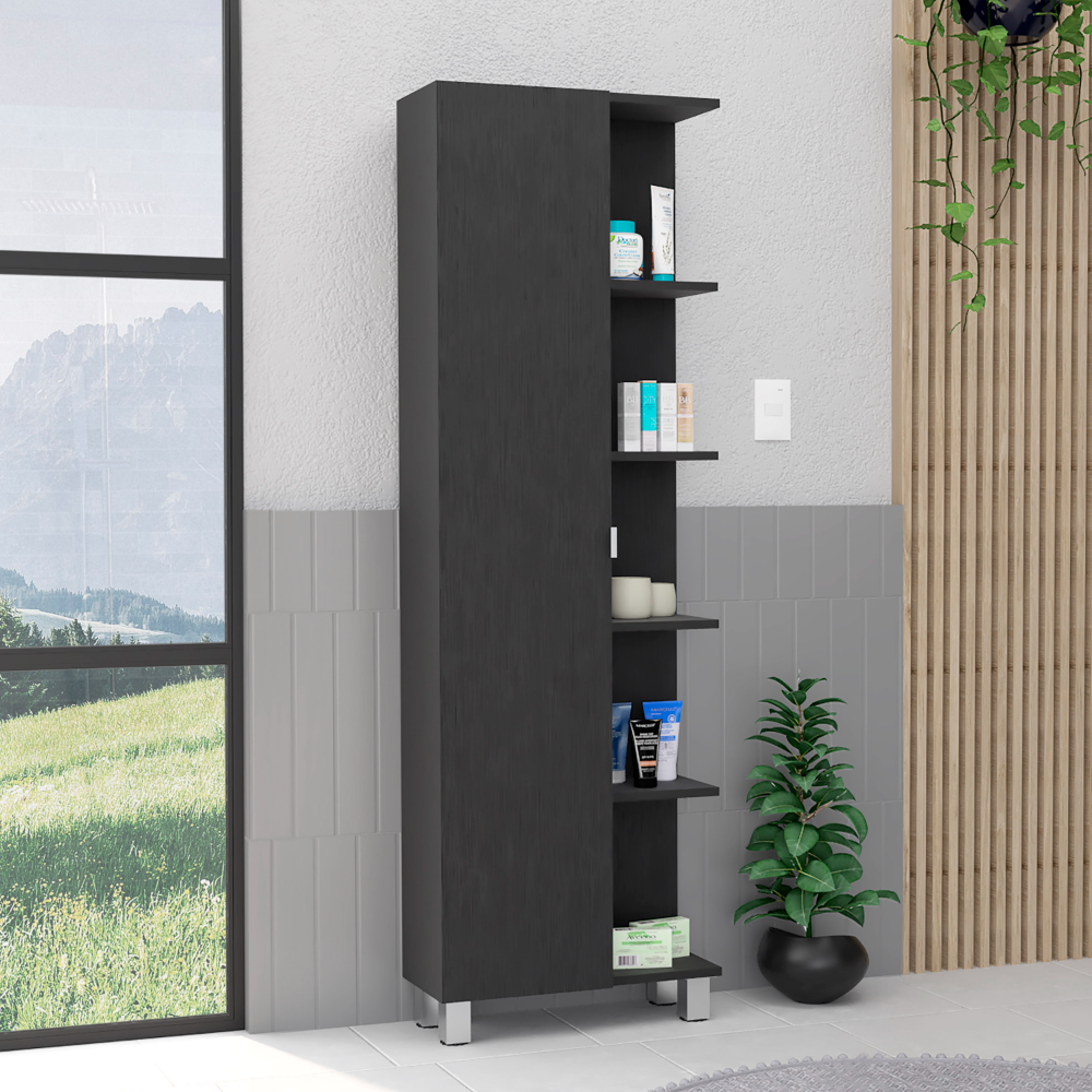 62H" Linen Single Door Cabinet, Five External Shelves, Four Interior Shelves, Black Black Particle Board Particle Board