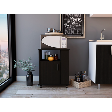 Lower Microwave Pantry 29" H, Single Door Cabinet, One Open Shelf, Three Side Shelves, Black Black Particle Board Particle Board