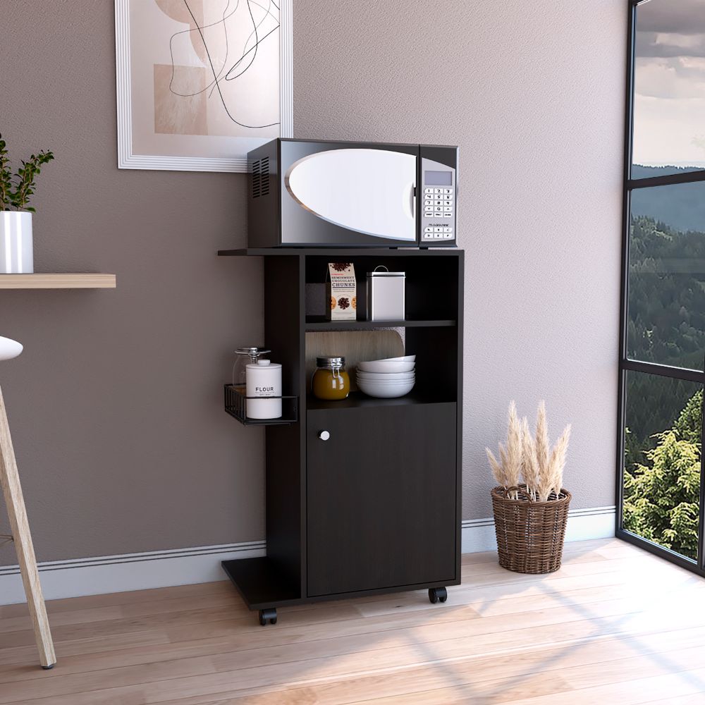 Depot E Shop Opal Kitchen Cart, Single Door Cabinet, Four Casters, Black Black Particle Board Particle Board