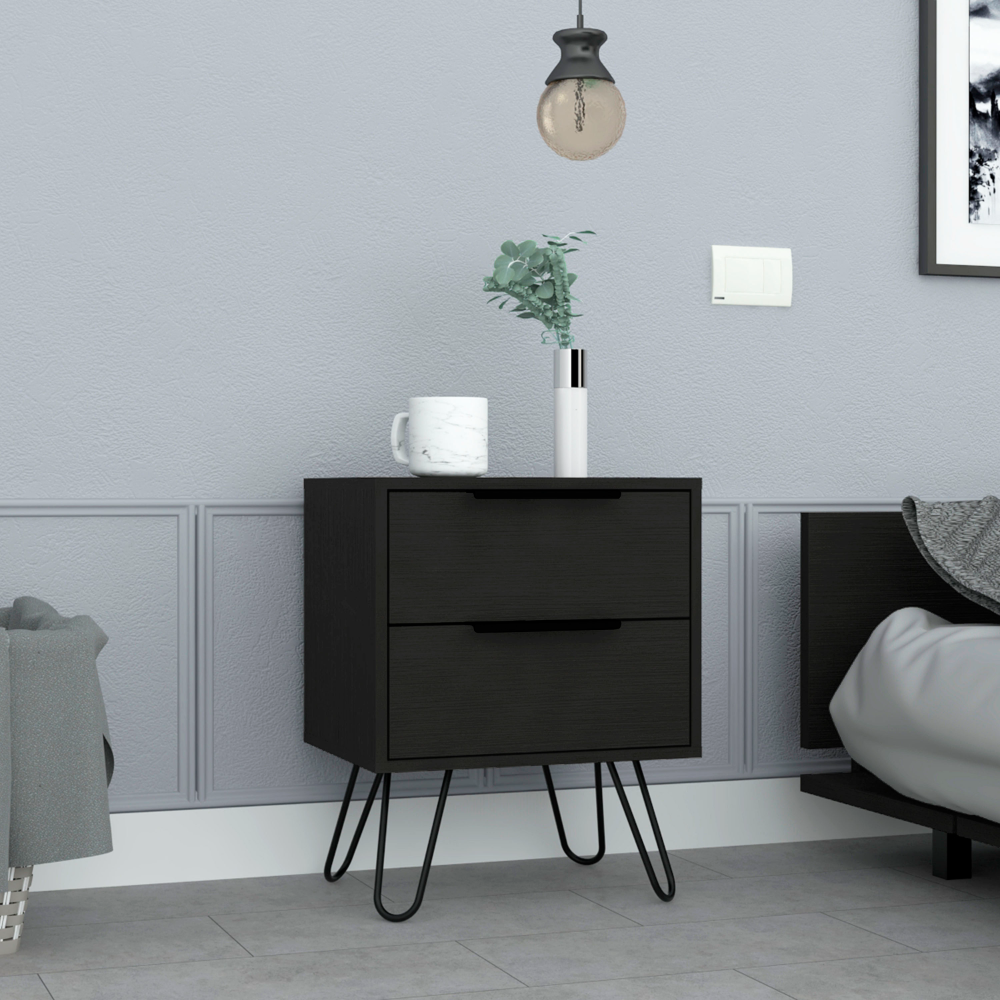 2 Nightstand, Hairpin Legs, Two Drawers, Black Black Particle Board Particle Board