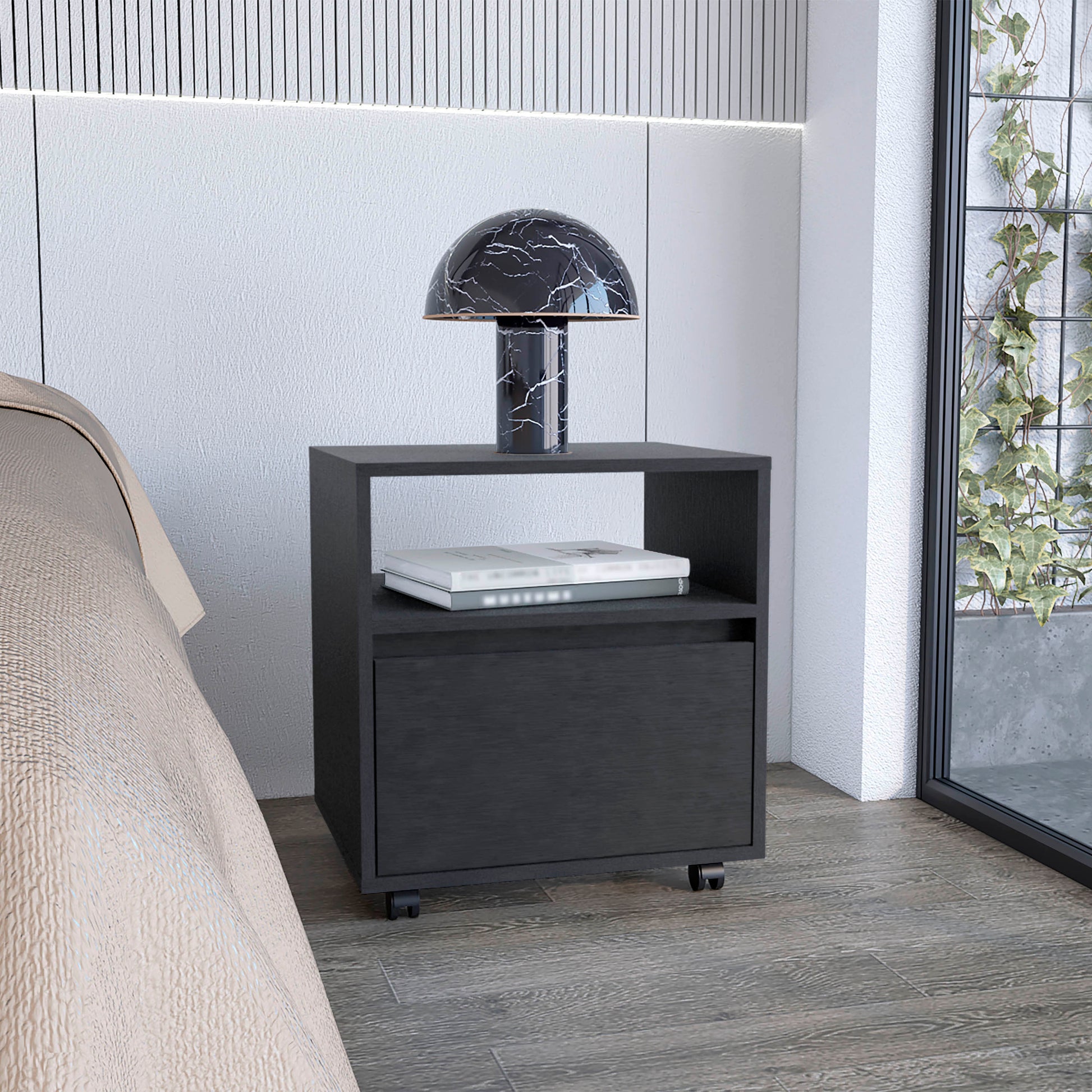 Nightstand 20"H, With One Open Shelf, 1 Drawer And Casters, Black Black Particle Board Particle Board