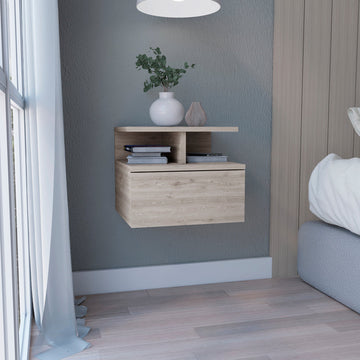 Floating Nightstand 12"H, Wall Mounted With Single Drawer And 2 Tier Shelf, Light Gray Gray Particle Board Particle Board