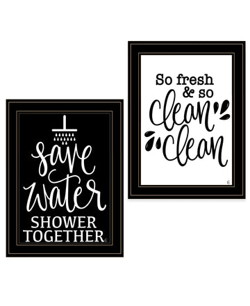 "Clean Shower Together" 2 Piece Vignette By Fearfully Made Creations, Ready To Hang Framed Print, Black Frame Multicolor Paper