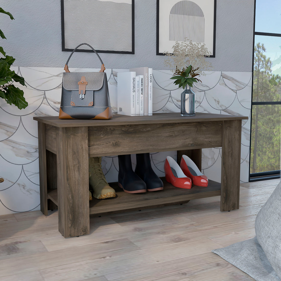 Austin Storage Table, One Extendable Table Shelf, Four Legs, Lower Shelf Dark Brown Brown Particle Board Particle Board