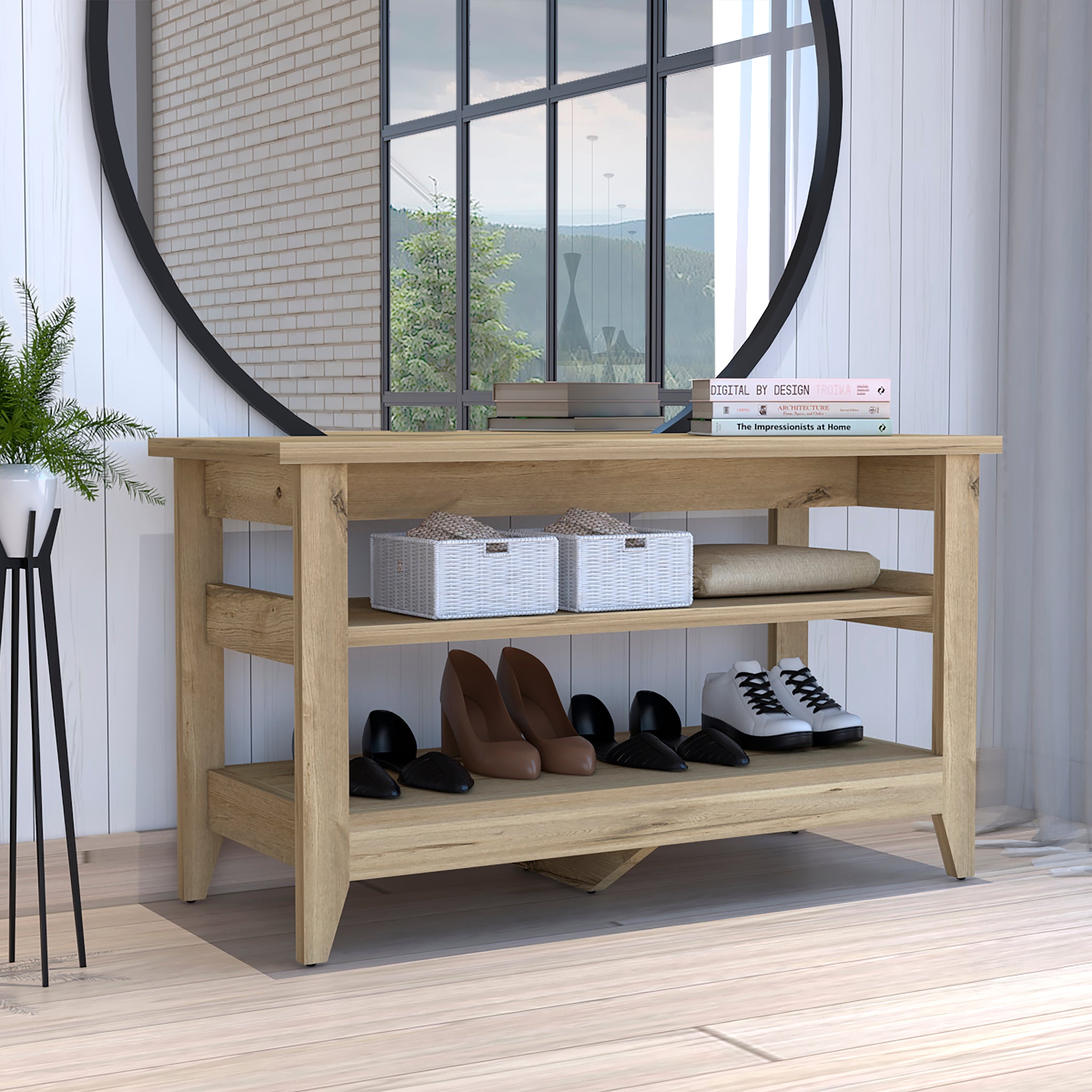 Misuri Storage Bench, Four Legs, Two Open Shelves Light Oak Beige Particle Board Particle Board