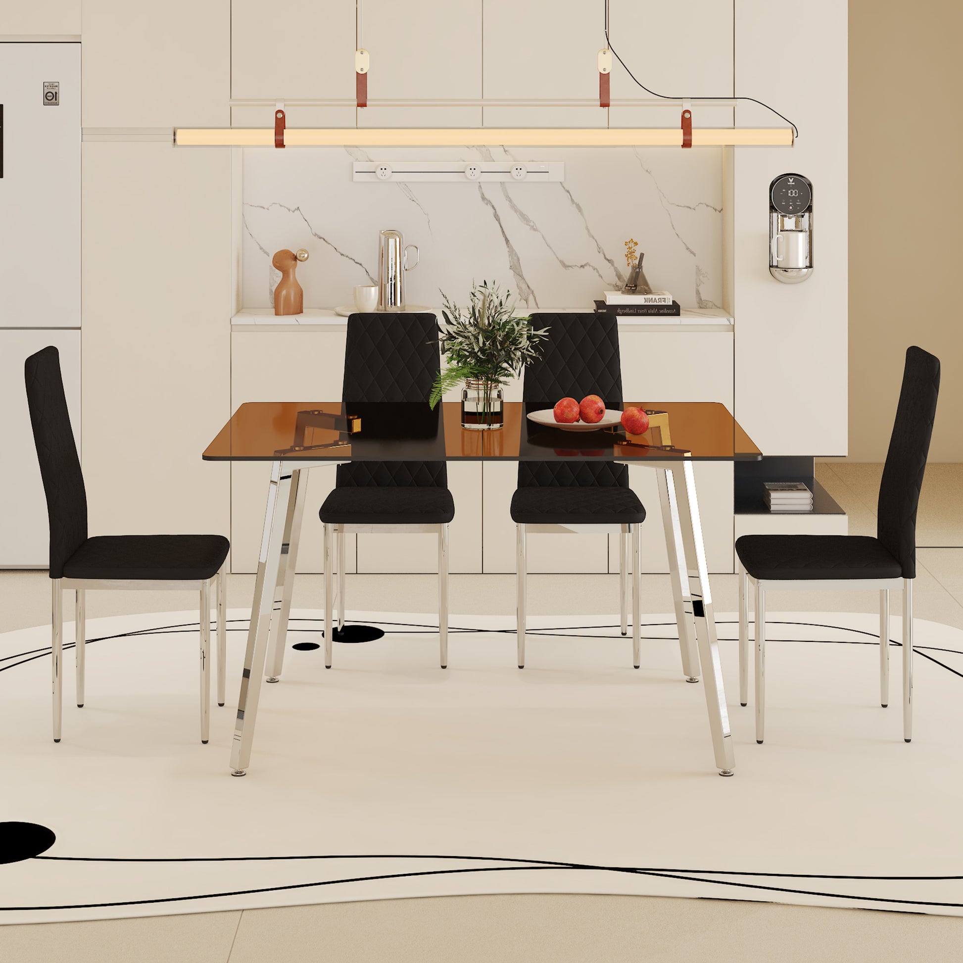 Table And Chair Set.Large Modern Rectangular Table With Brown Glass Top And Silver Metal Legs. Paired With 4 Black Chairs With Checkered Armless High Back Pu Cushion And Silver Metal Legs. Black,Silver Seats 4 Glass Metal