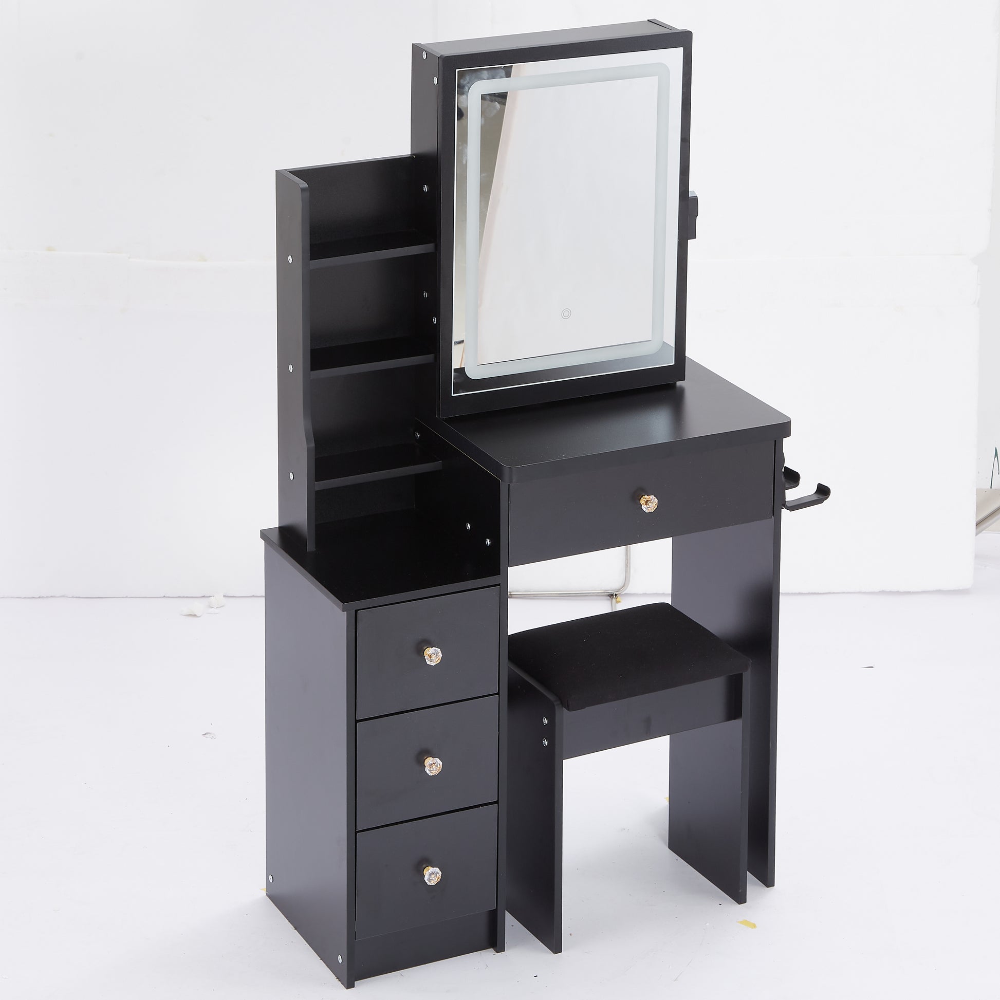 Small Size Left Bedside Cabinet Vanity Table Cushioned Stool, 2 Ac 2 Usb Power Station, Hair Dryer Bracket, Extra Large Touch Control Sliding Led Mirror, Tri Color Switching, Epa,Gcc,Ul Certificate