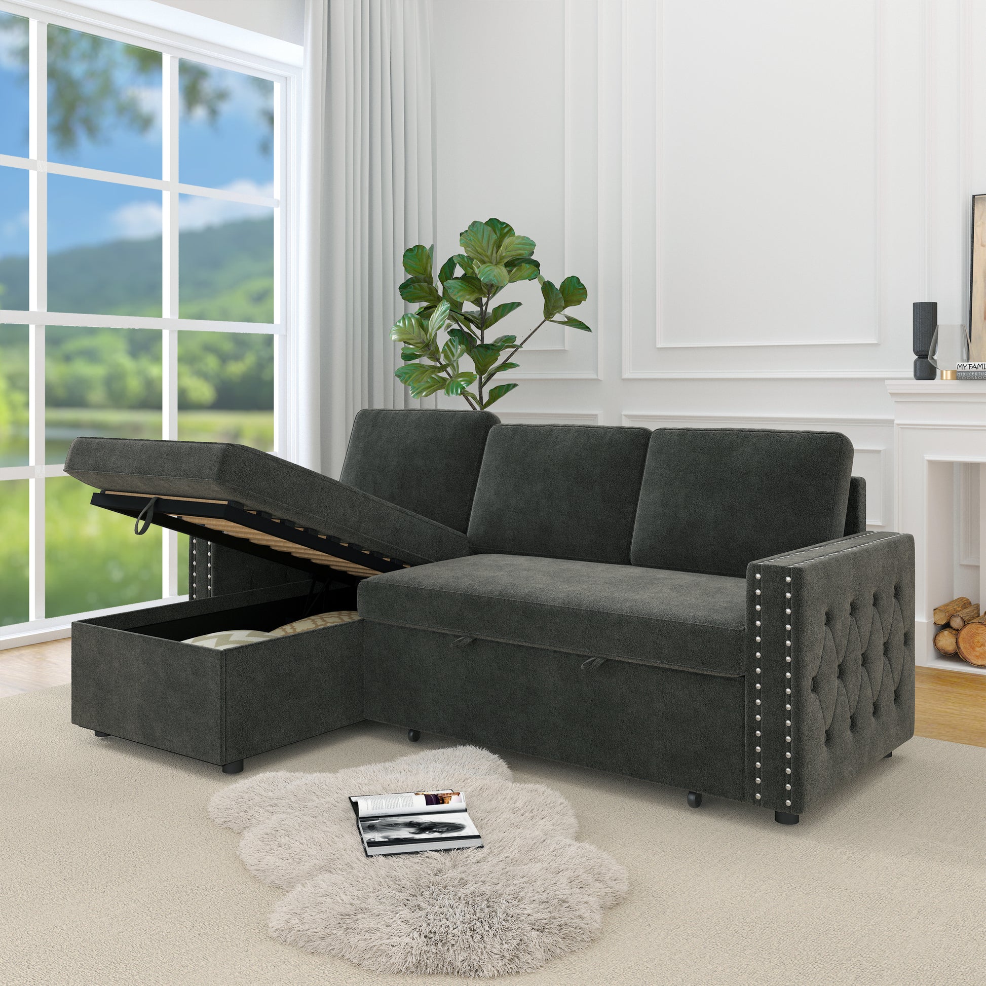 85 Inches Sofa Bed, 3 Seater Sleeper Sofa With Storage Chaise, Square Handrail With Pull And Copper Nail,Chenille Dark Grey, Pull Out Couch For Living Room Dark Grey Chenille 3 Seat
