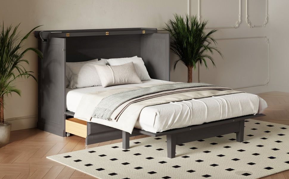 Solid Pine Murphy Bed Chest Cube Cabinet Bed With Charging Station And Large Storage Drawer For Home Office Or Small Room,Full,Gray Box Spring Not Required Full Gray Wood Gray Pine Murphy Solid Wood Mdf