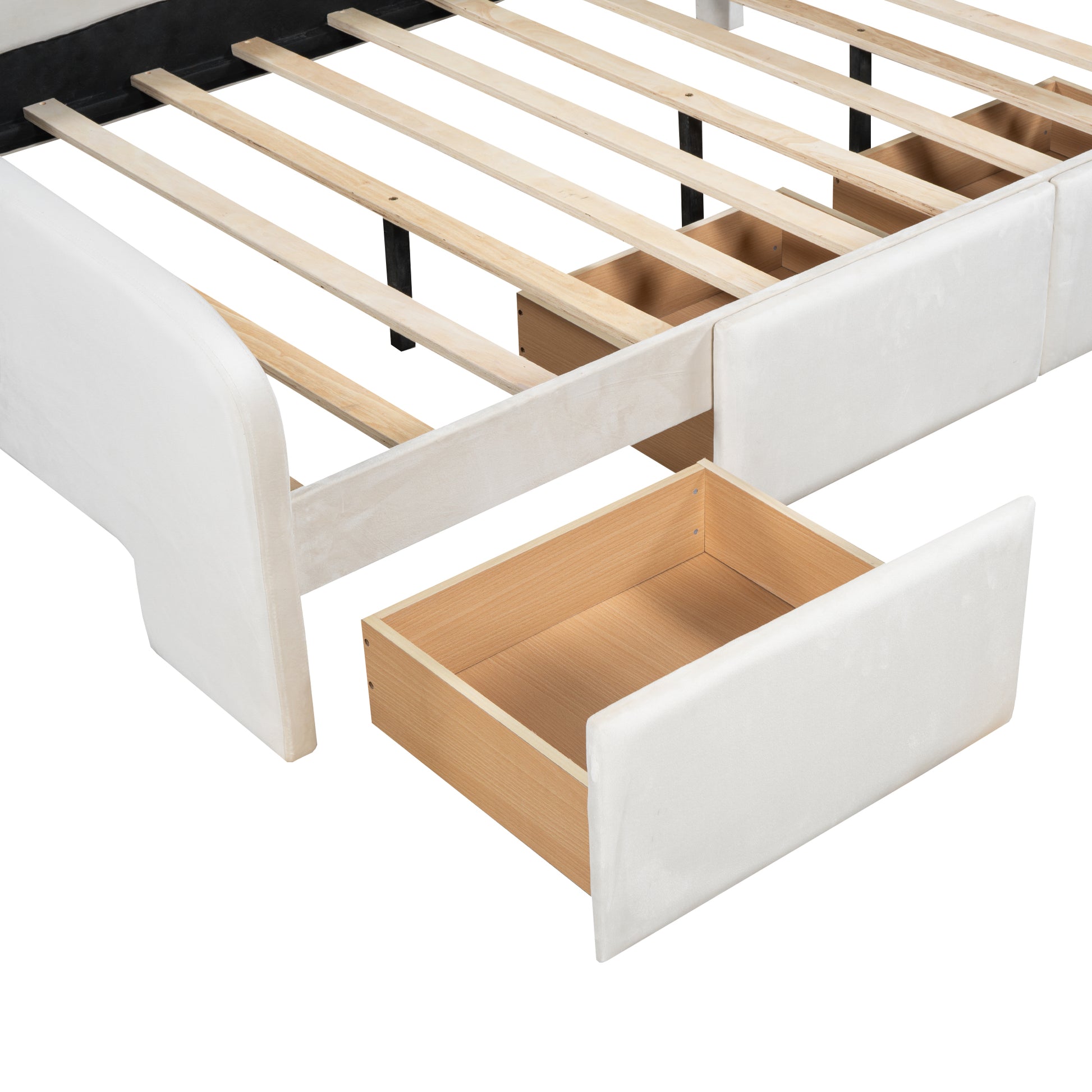 Full Size Velvet Platform Bed With Rabbit Shaped Headboard, With Drawers, With Bed End Storage Pocket, Beige Full Beige Plywood