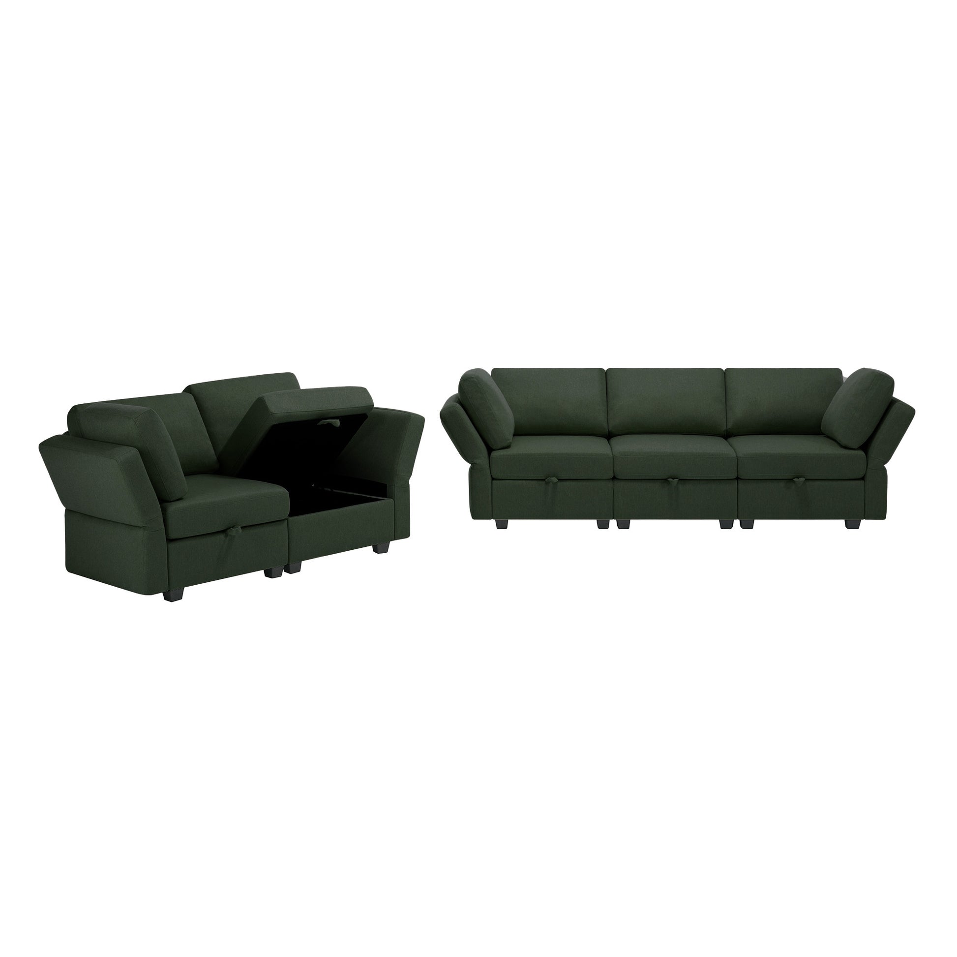 Living Room Sofa Set With 3 Seat Couch And 2 Seat Loveseat, Hidden Storage Under Seat, Soft Back Cushions And Arm Cushionsadjustable Arms And Backs Green Green Polyester 5 Seat
