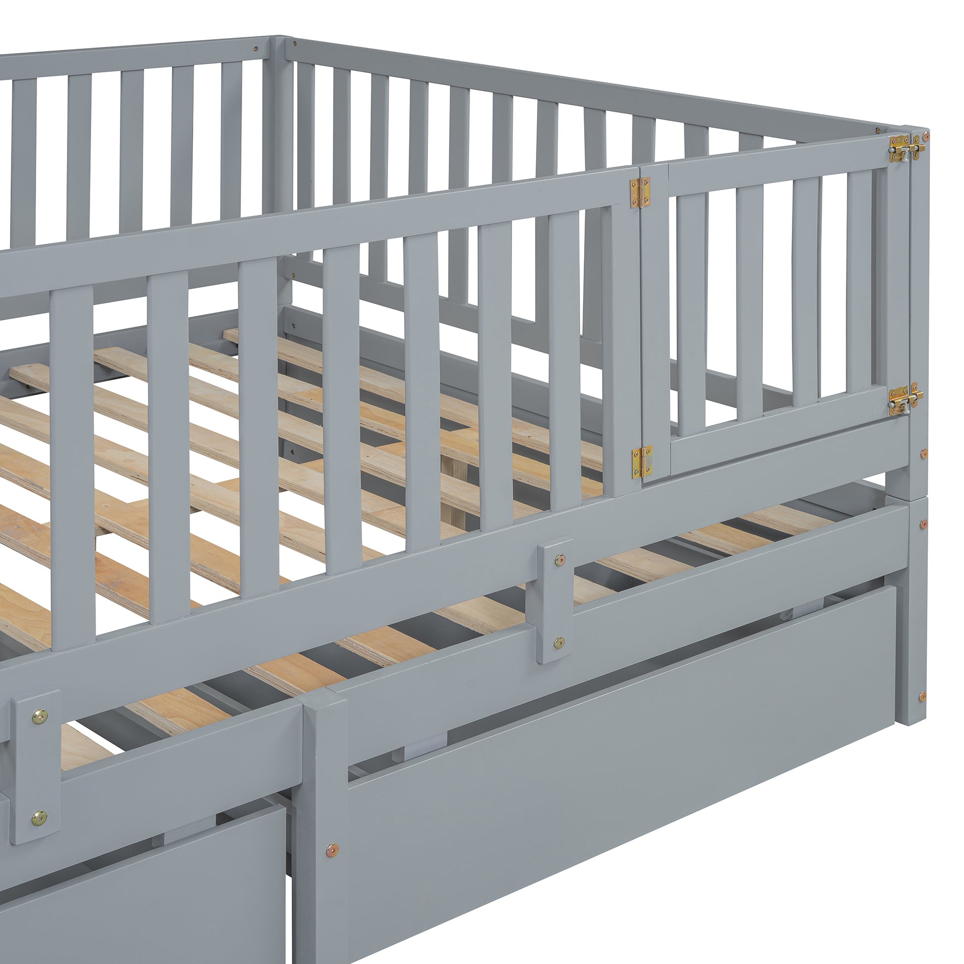 Full Size Wood Daybed With Fence Guardrails And 2 Drawers, Split Into Independent Floor Bed & Daybed, Gray Old Sku :Lp000882Aae Full Gray Solid Wood Mdf