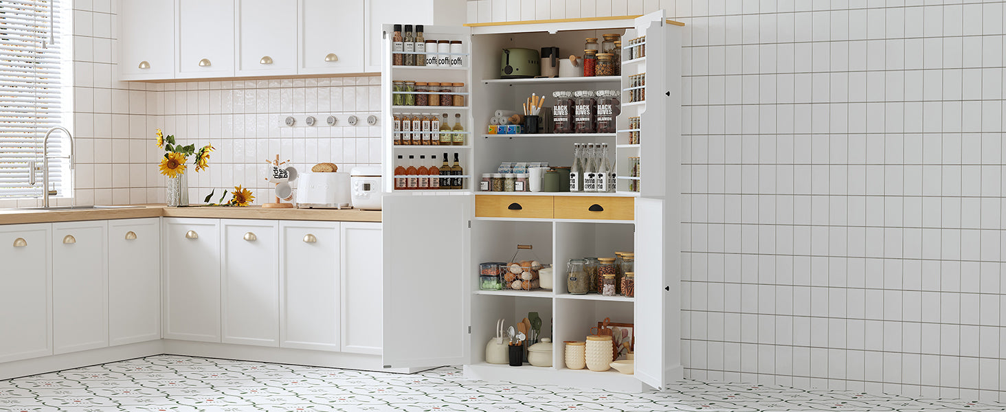 Assembly 40.2X20X71.3Inch High Freestanding Kitchen Pantry Large Cupboard Storage Cabinet With 2 Drawers, 2 Adjustable Shelves, 8 Door Shelves For Kitchen, Dining Room,White White Kitchen Farmhouse